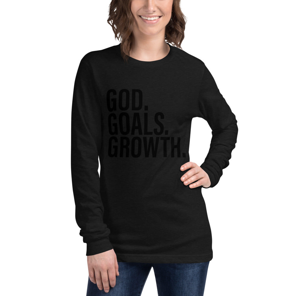 God. Goals. Growth. Black on Black Unisex Long Sleeve Tee